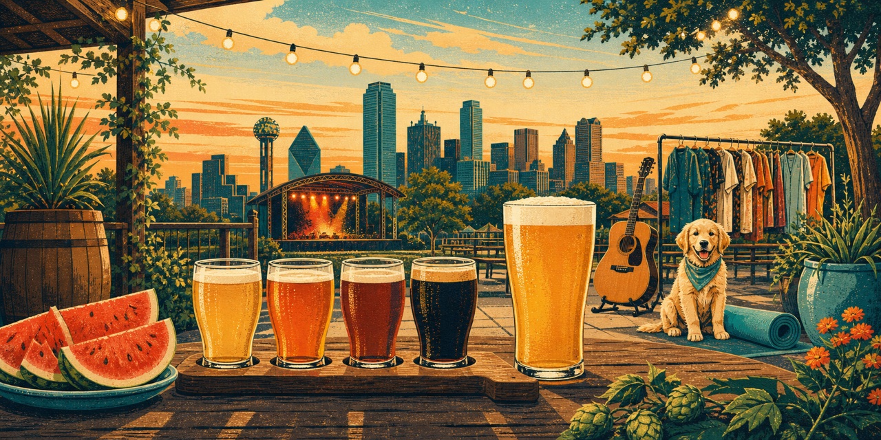 An illustrated DFW brewery patio with a tasting flight, watermelon, live music, a puppy and a vintage market
